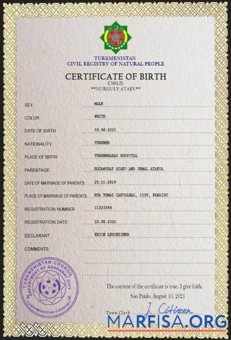 Printable Turkmenistan vital record birth certificate PSD template